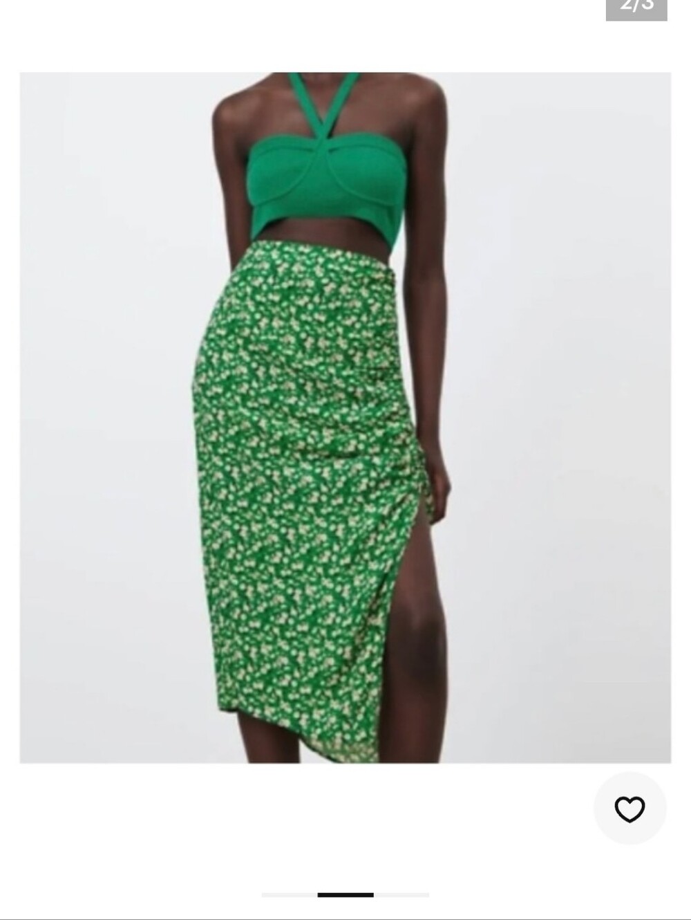Zara Green Floral Midi Skirt With Ruched Slit